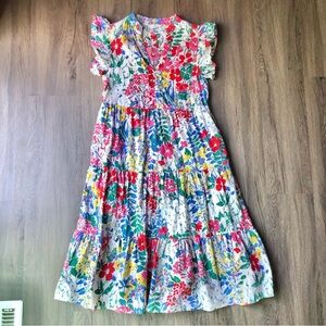 Entro Tiered Floral Midi Dress Size Small White Floral Colorful Garden Lagenlook